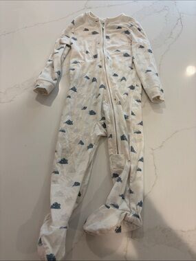 Cream One-Piece Footie with Blue Cloud Print - Soft Zip Front